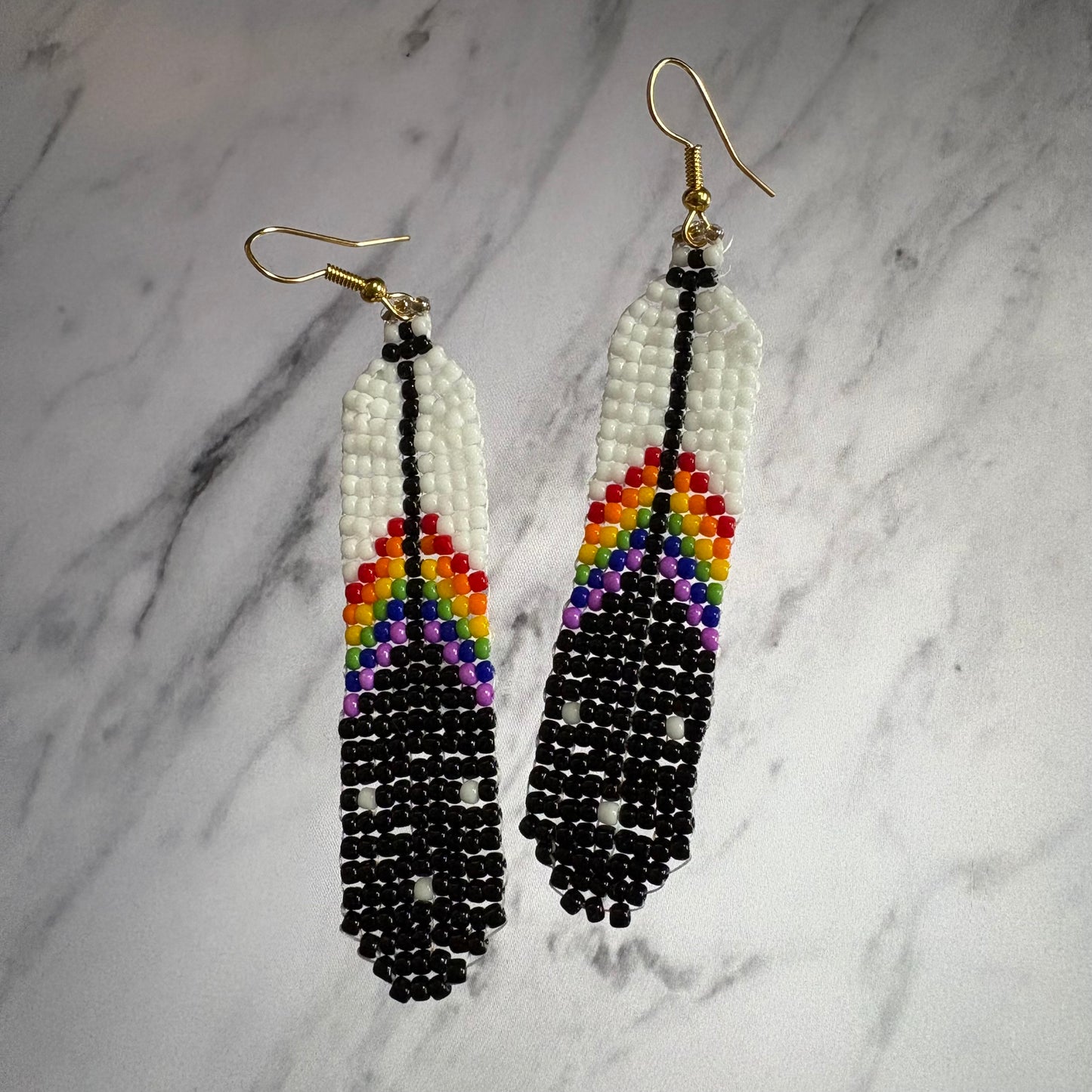 Rainbow beaded feather earrings