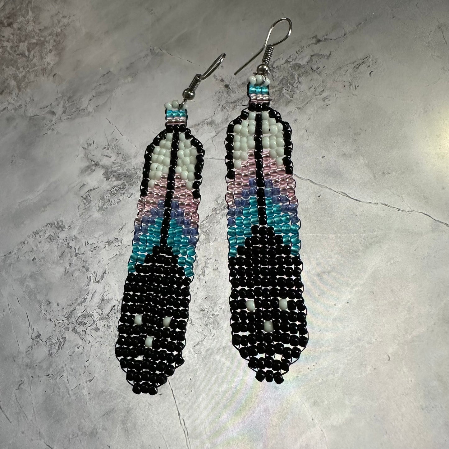 Bi Pride beaded feather earrings