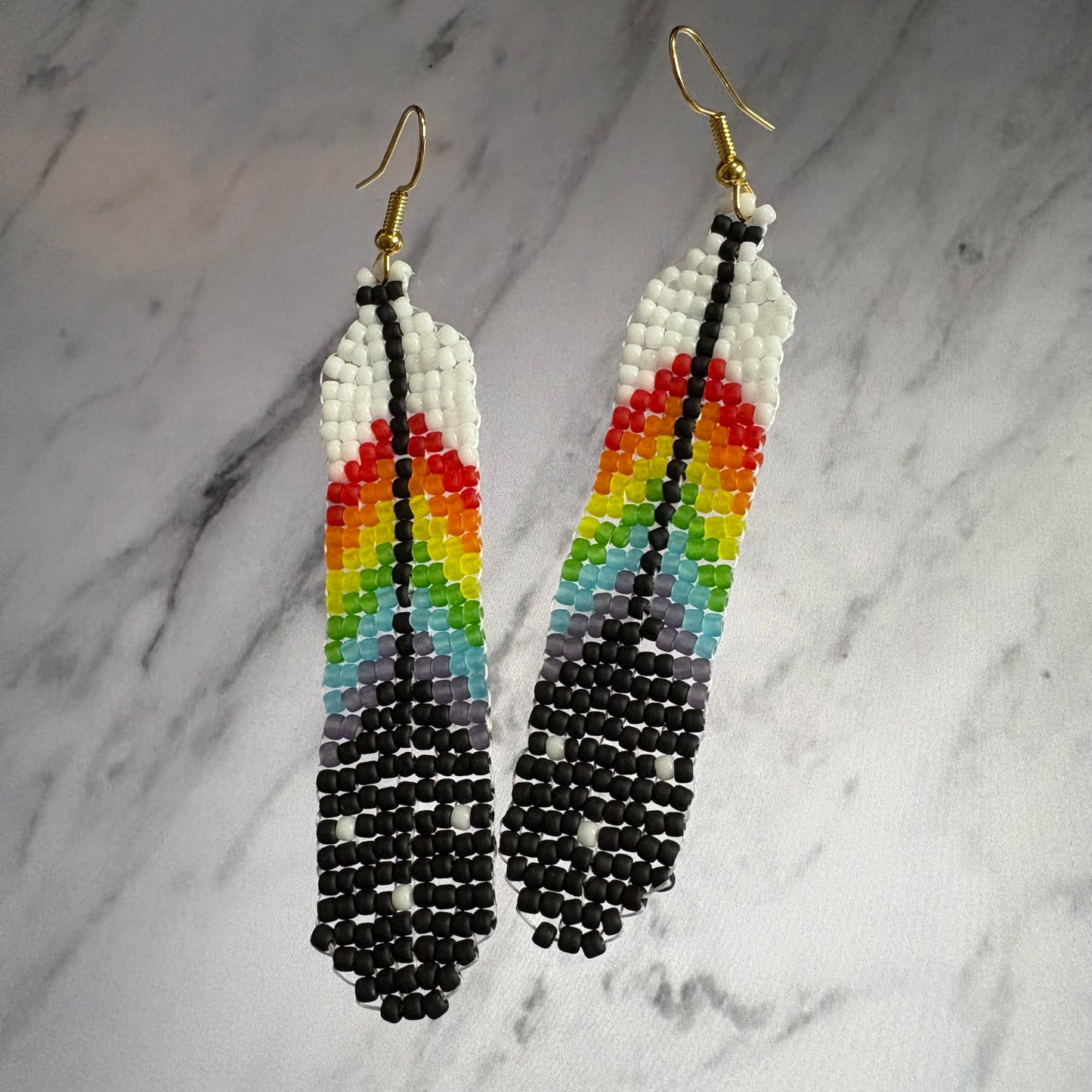 Rainbow beaded feather earrings