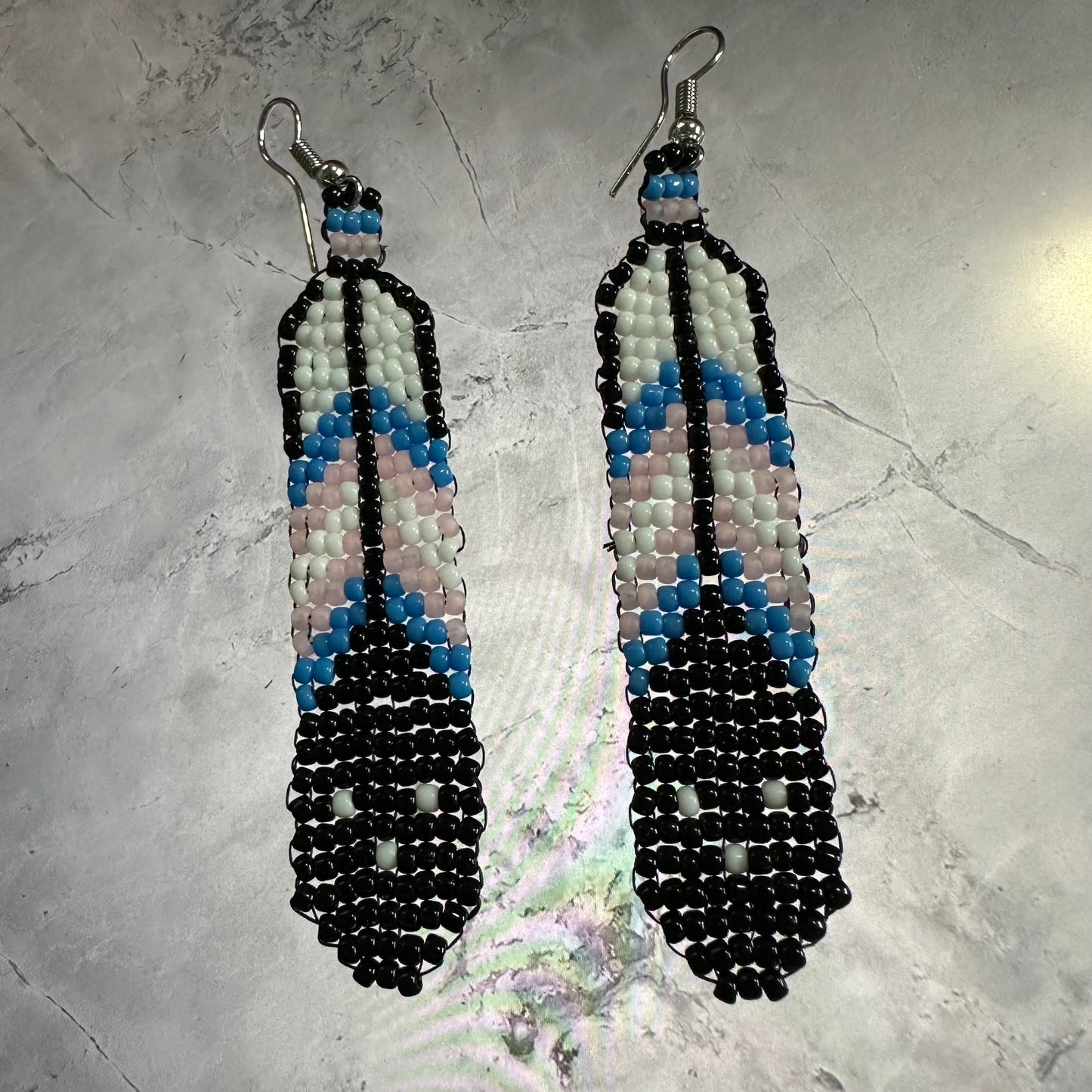 Trans pride beaded feather earrings