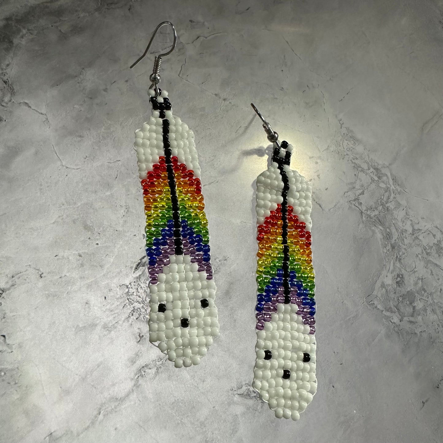 Rainbow beaded feather earrings