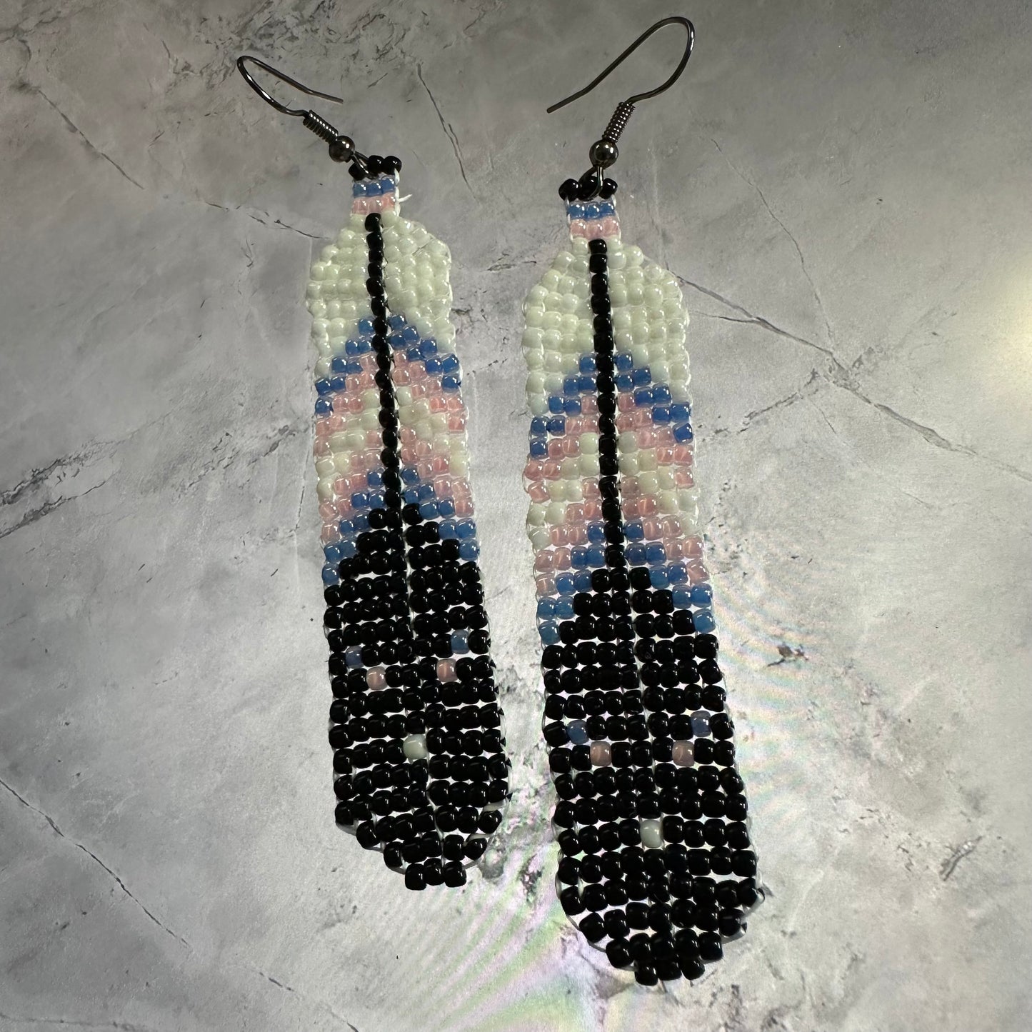 Trans pride beaded feather earrings