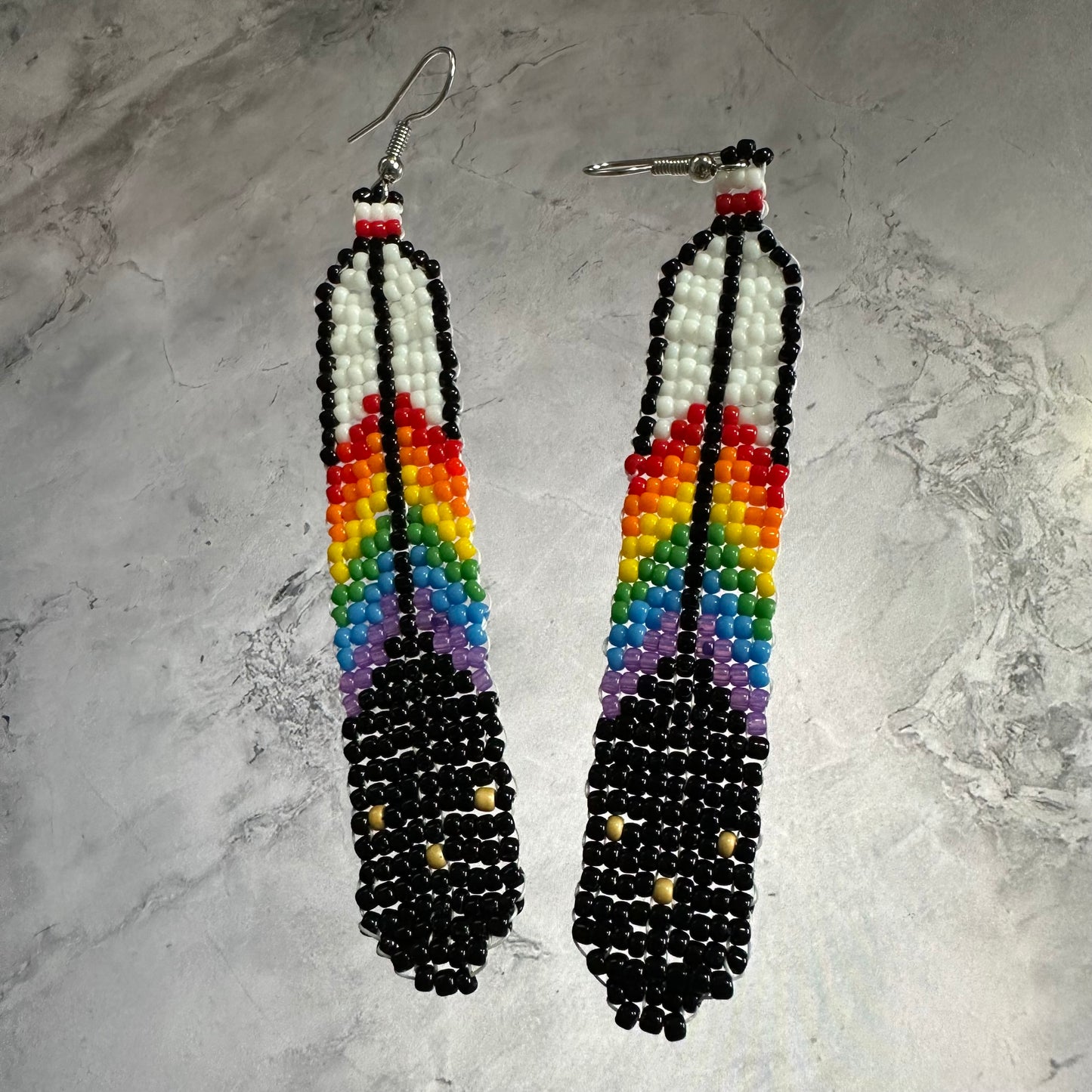 Rainbow beaded feather earrings