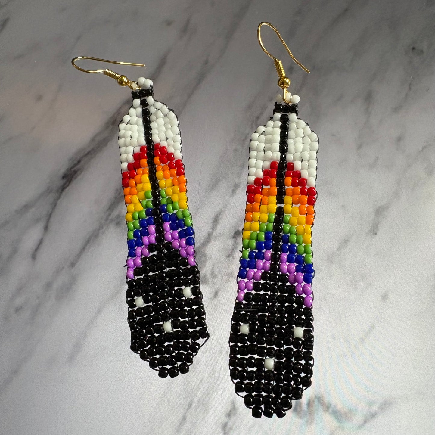 Rainbow beaded feather earrings