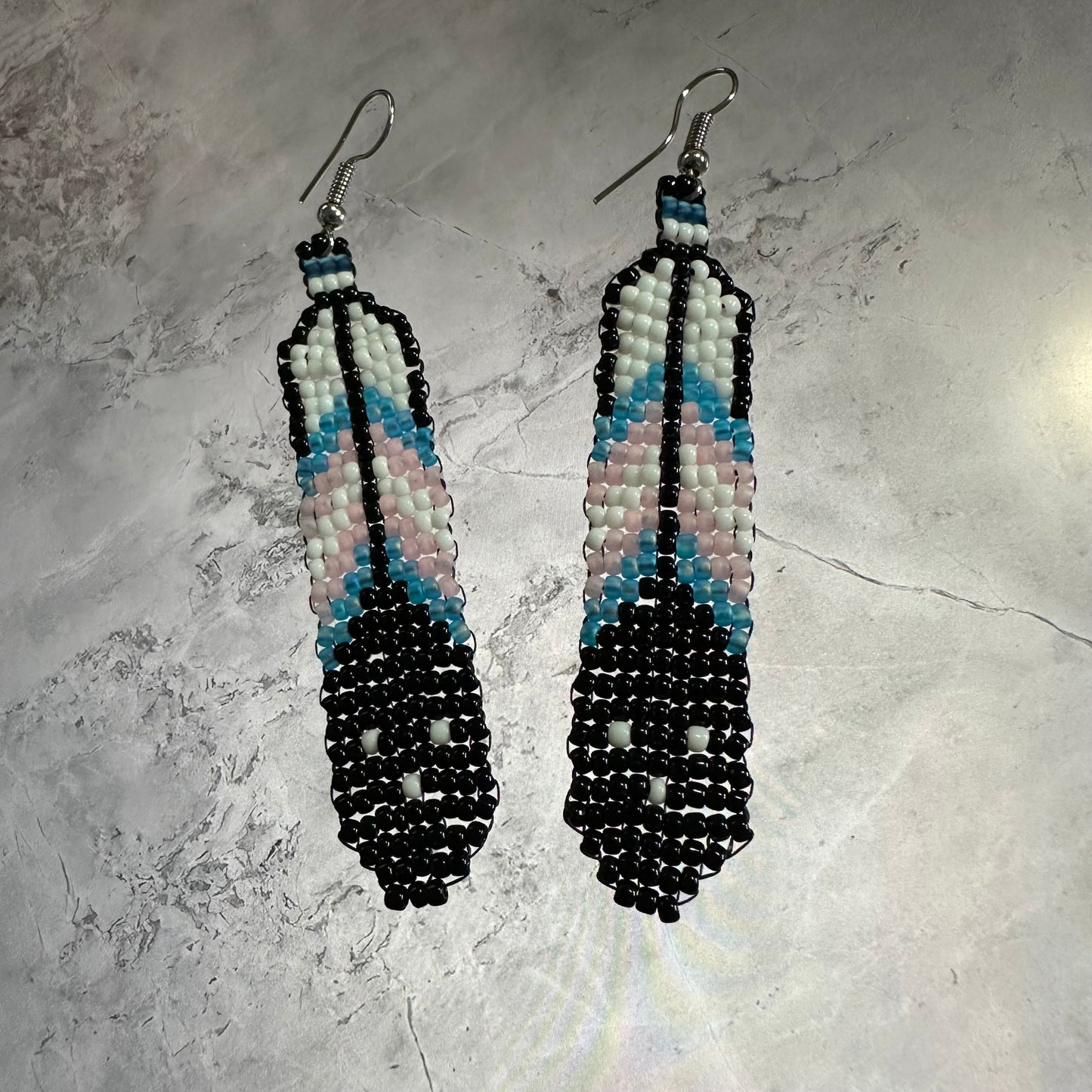 Trans pride beaded feather earrings