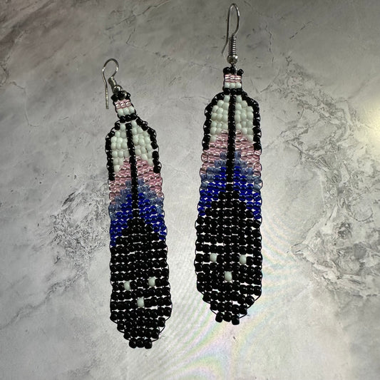 Bi Pride beaded feather earrings