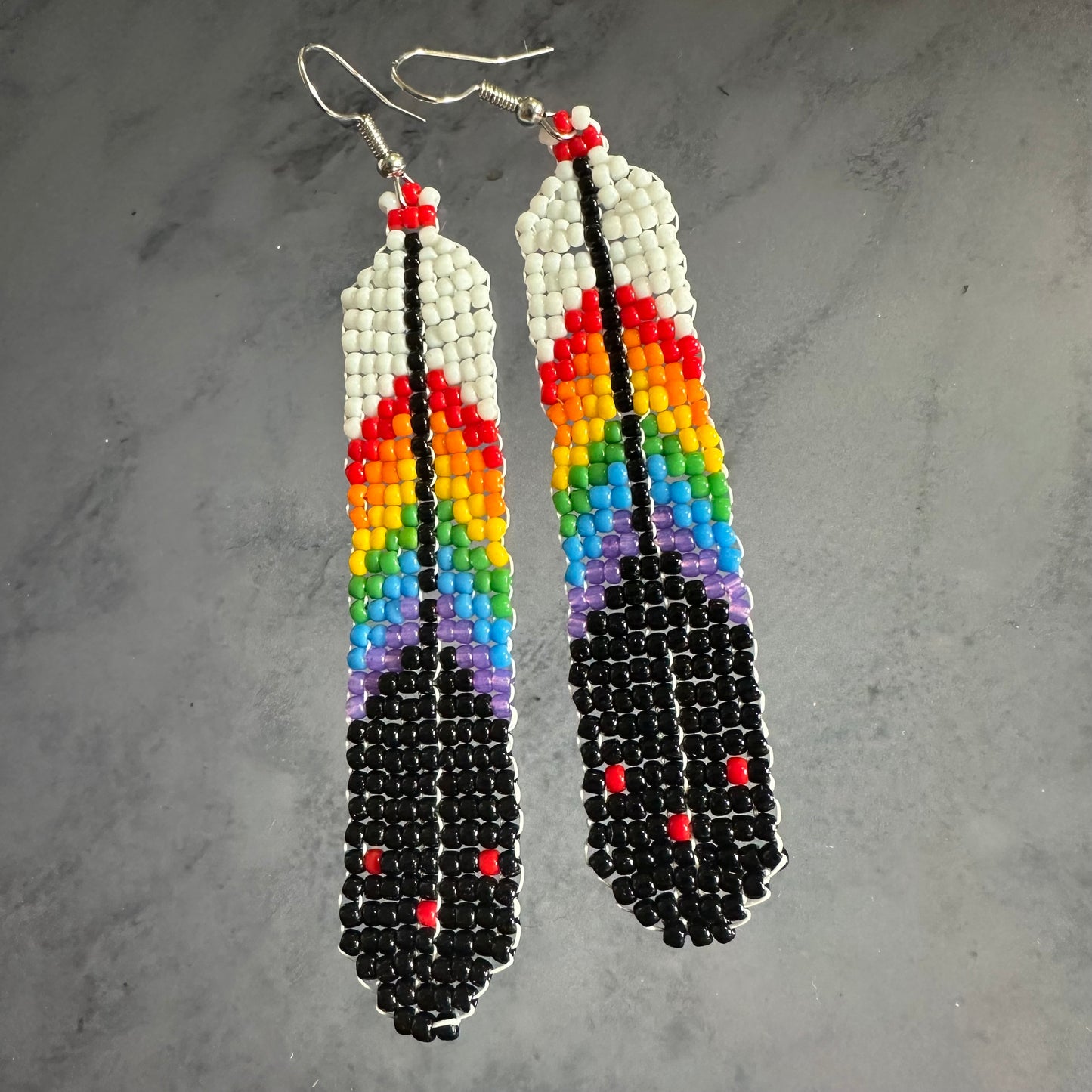 Rainbow beaded feather earrings