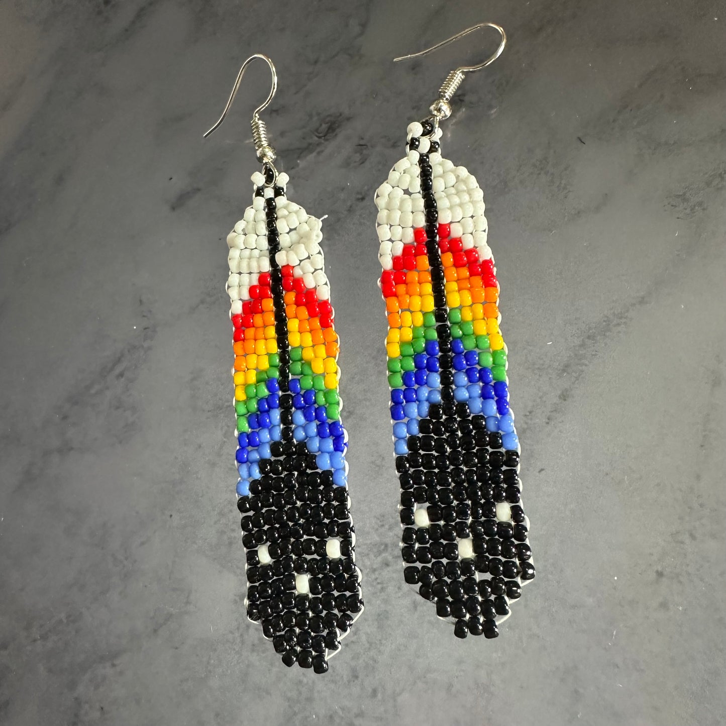 Rainbow beaded feather earrings