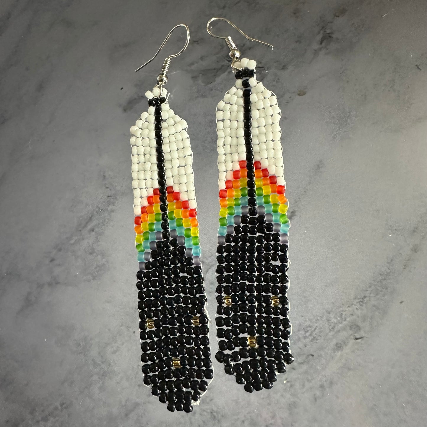 Rainbow beaded feather earrings
