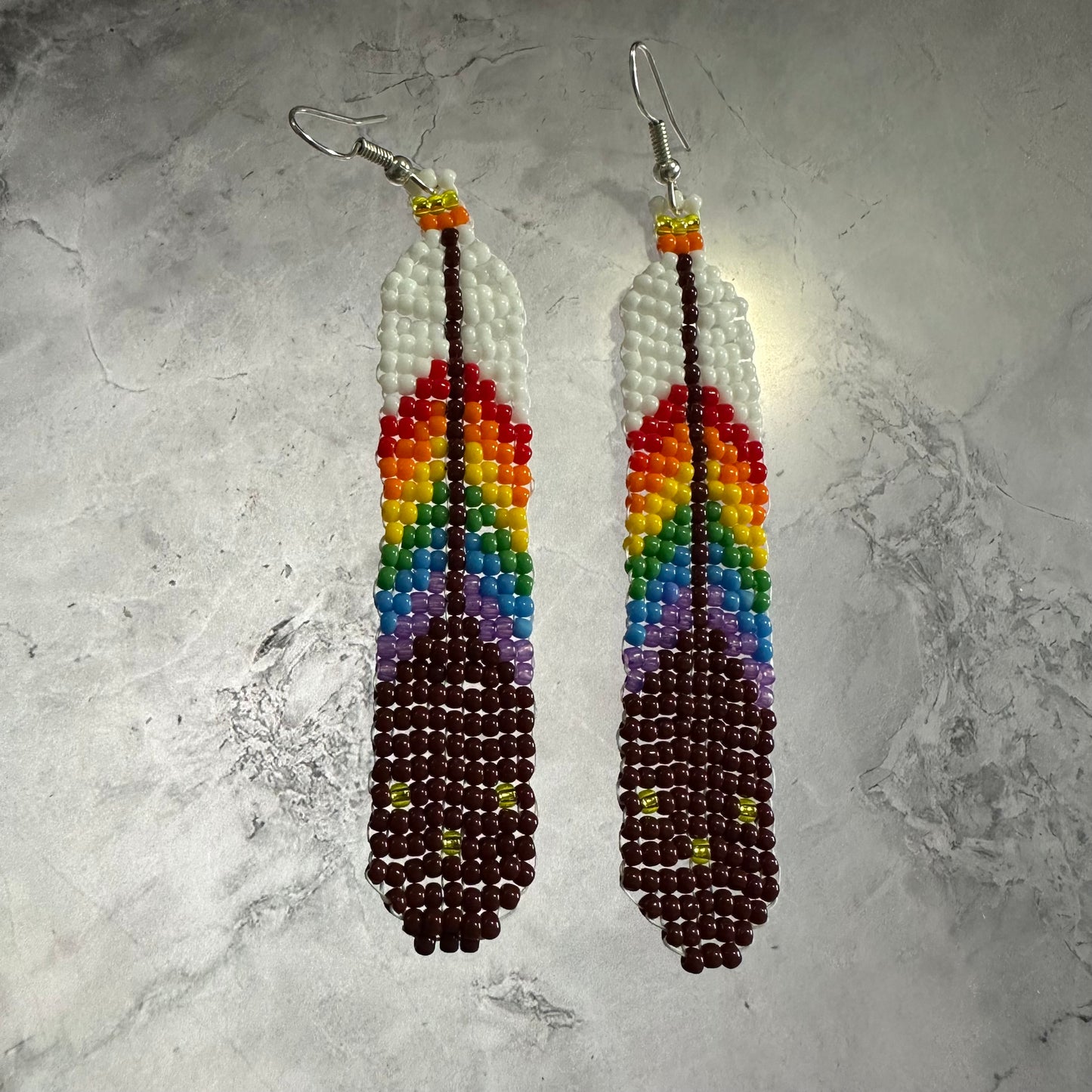 Rainbow beaded feather earrings