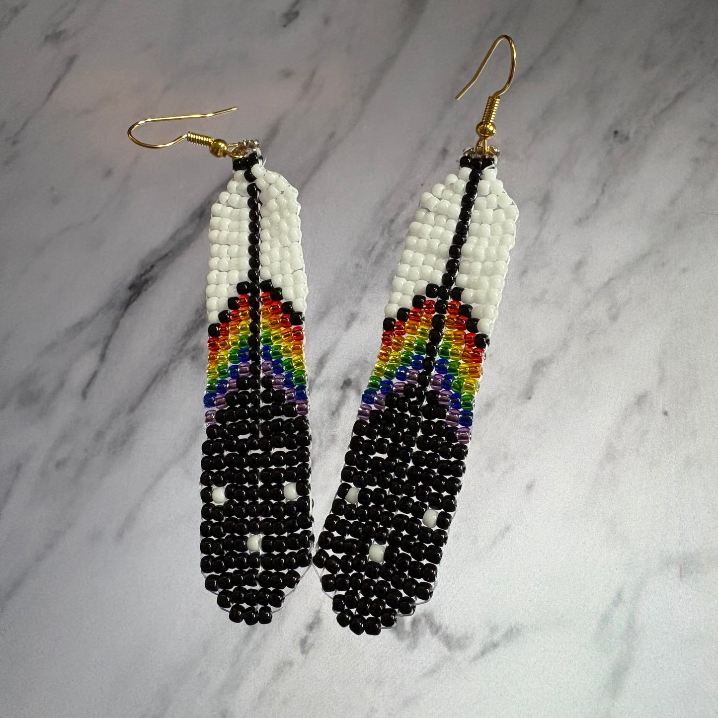 Rainbow beaded feather earrings