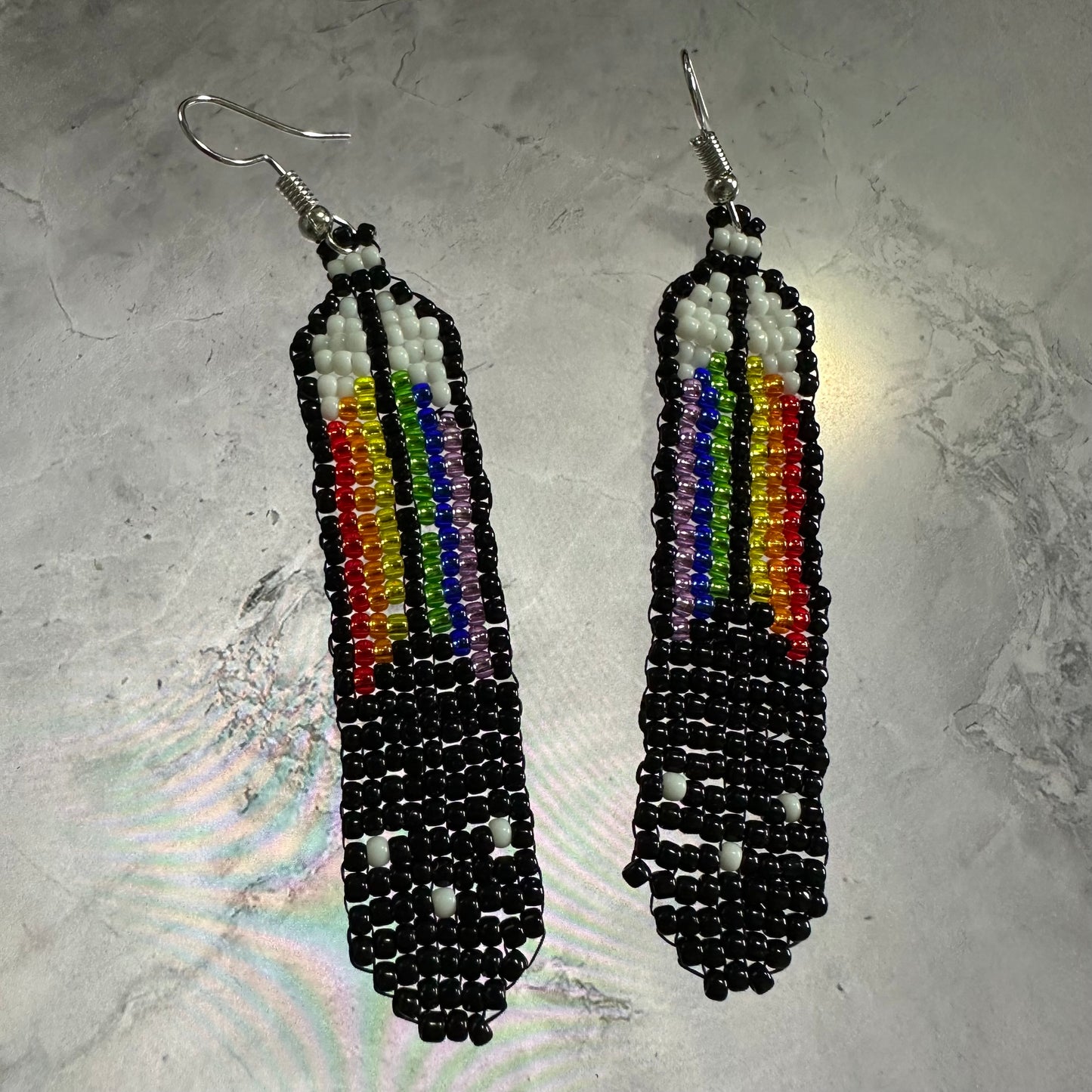 Rainbow beaded feather earrings