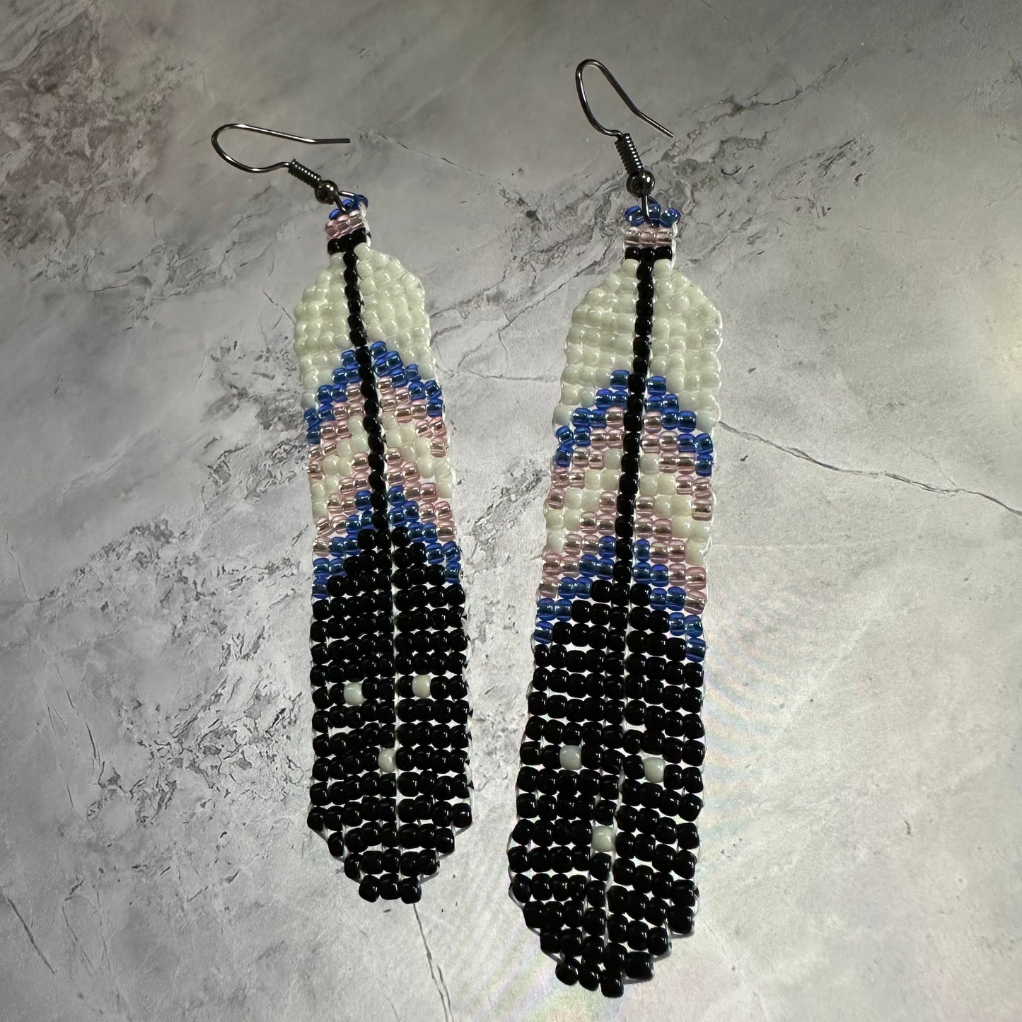 Trans pride beaded feather earrings
