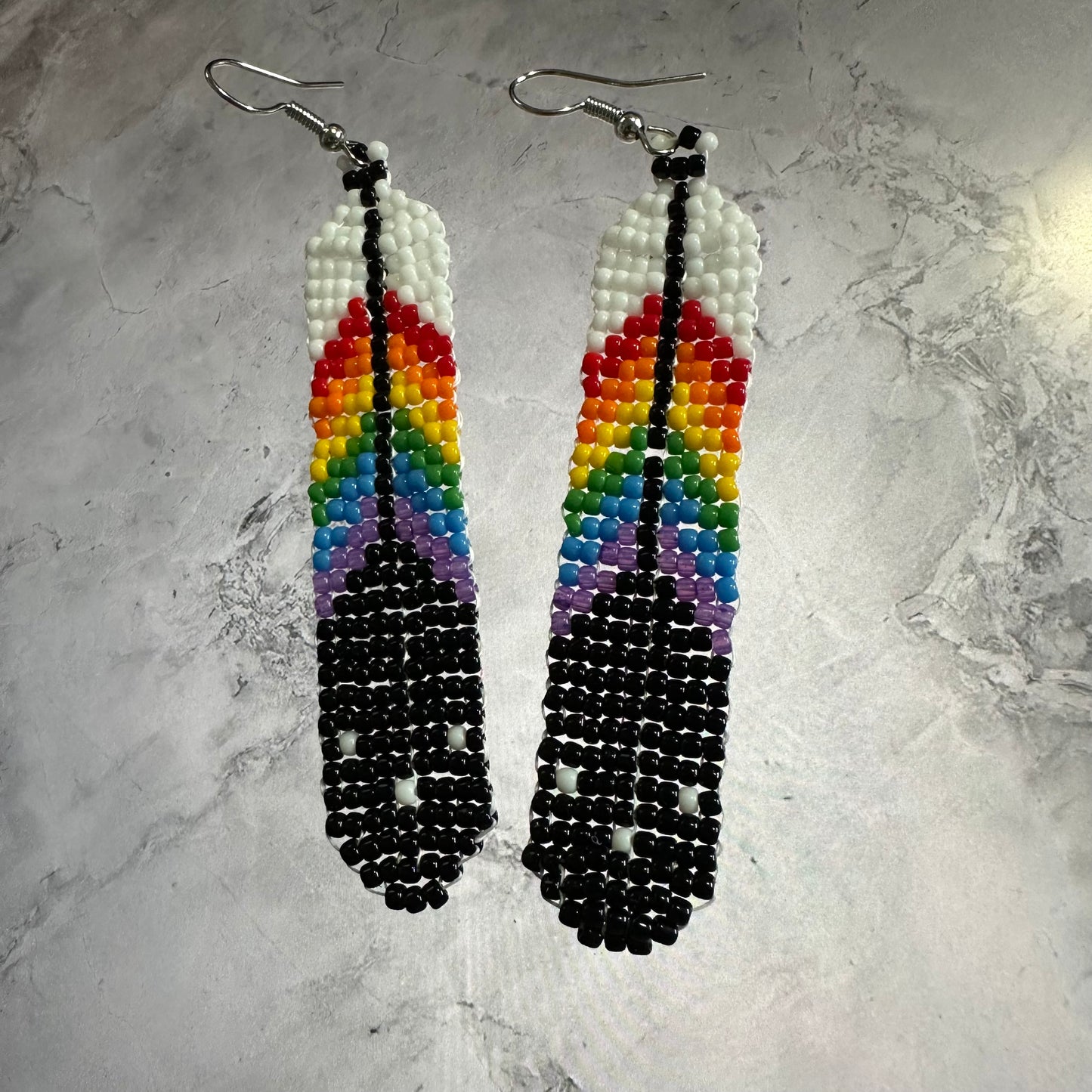 Rainbow beaded feather earrings